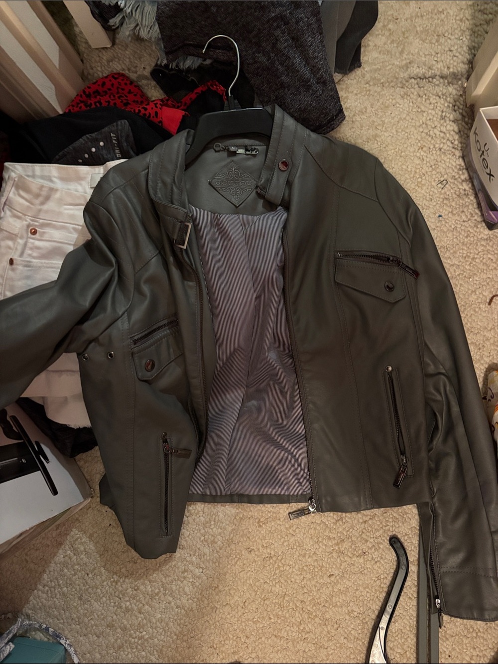 Womens  Grey Faux Leather Moto Jacket